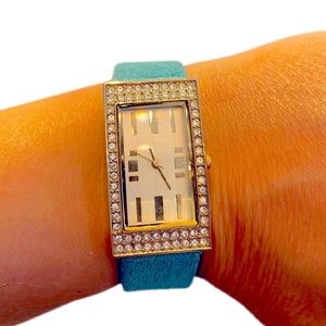 Vintage Art Deco Robin Egg Shell Blue Gold Crystal Genuine Leather Band Watch